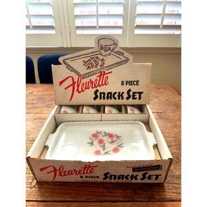 Vintage Fleurette Milk Glass Fire King Snack Tray Set  Limited Edition 1958-1961